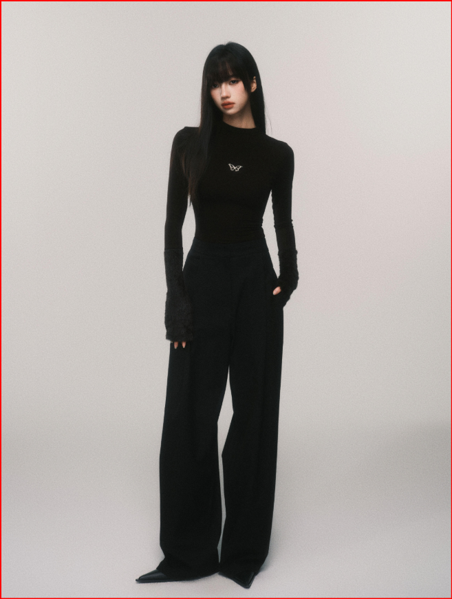 Metallic Butterfly High-Neck Plush Cuff Winter Base Layer