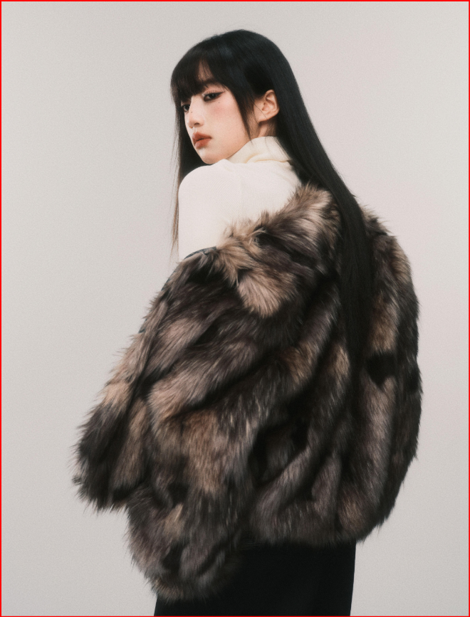 Black Coffee Panelled Faux Fur Cropped Coat with Sleek Design