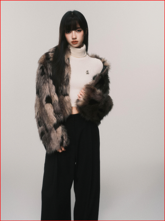 Black Coffee Panelled Faux Fur Cropped Coat with Sleek Design