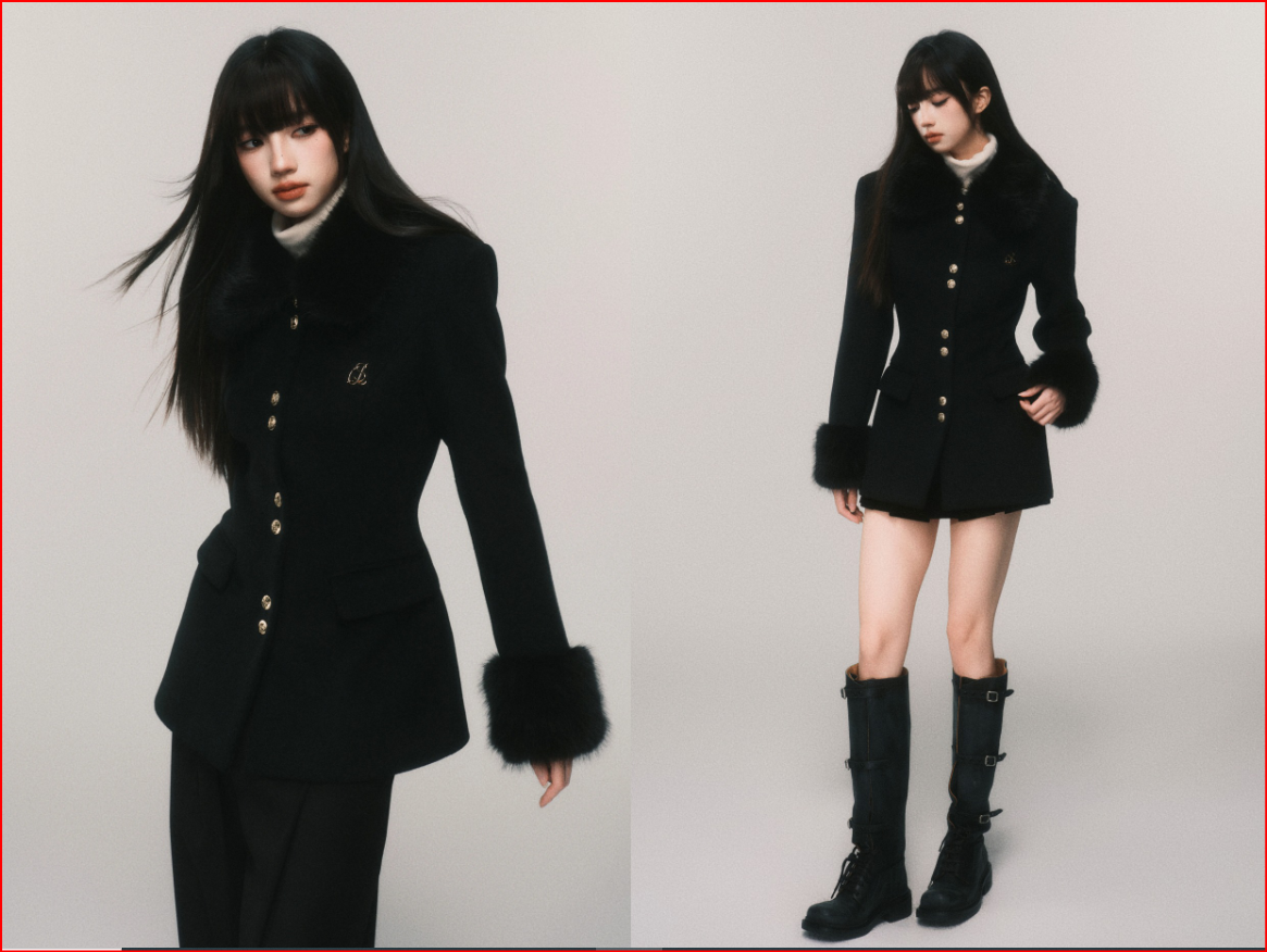 Black Retro Waist Slim Wool Jacket with Gold Buckle Fur Collar