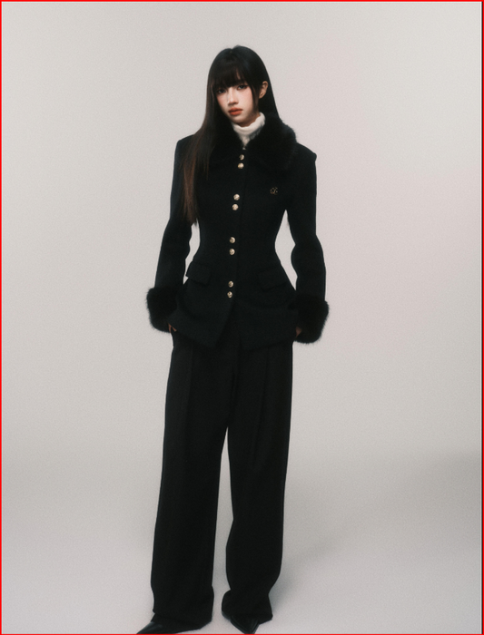 Black Retro Waist Slim Wool Jacket with Gold Buckle Fur Collar