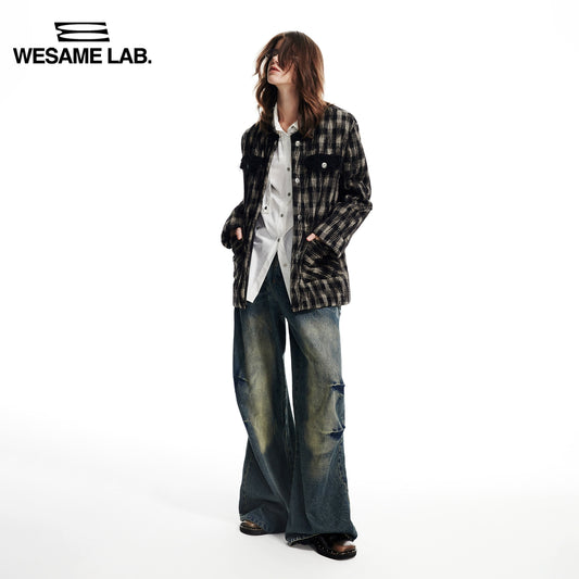 가을과 겨울 새로운 개인화 된 검은 느슨한 짠 격자 무늬 직선 배럴 여성을위한 작은 향기로운 코트