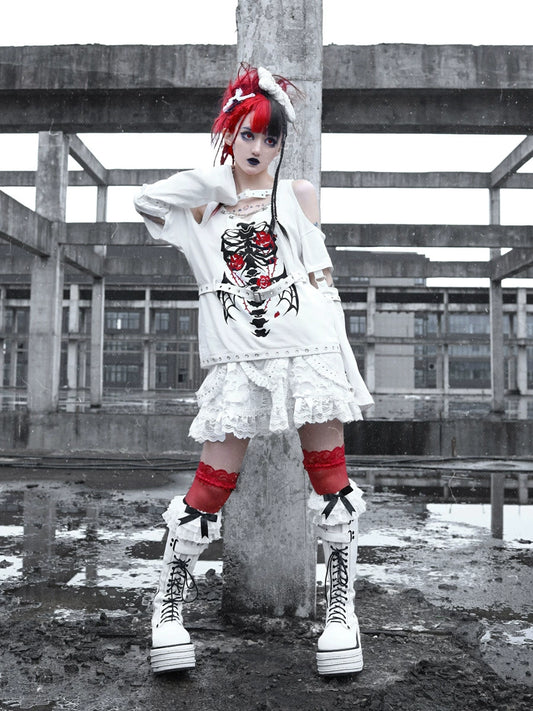 Skull Button Removable Sleeve Tee - White