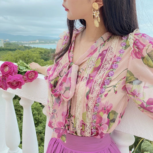 Pear Blossom and Begonia Lace-Up Long Dress