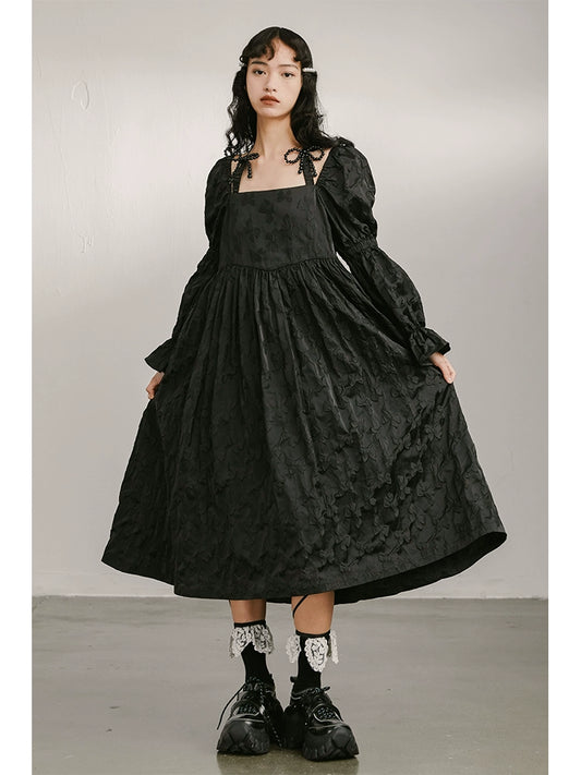 القوس منتصف الطول -فستان الرقبة المربع