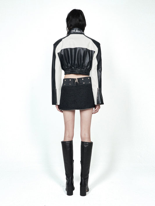 컬러 차단 잭 색상 차단 짧은 가죽 자켓