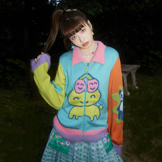 Cartoon Collar Zipper Cardigan