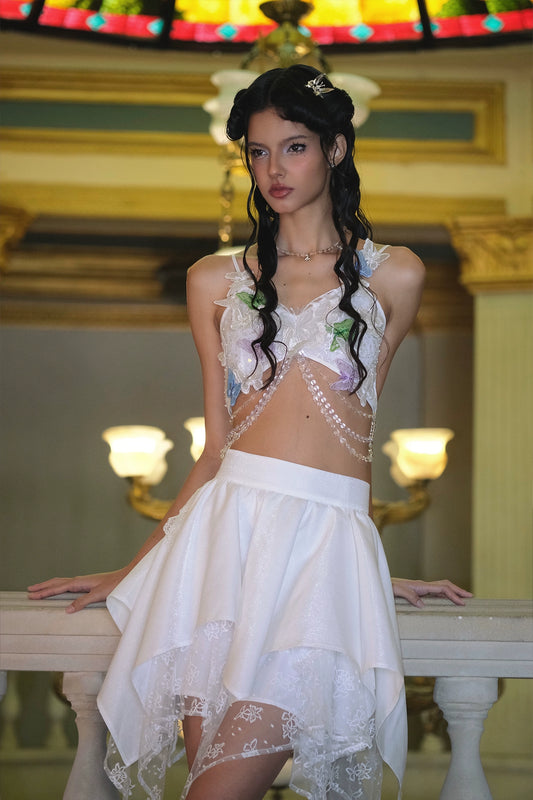 White Butterfly Beaded Suspender Short Top