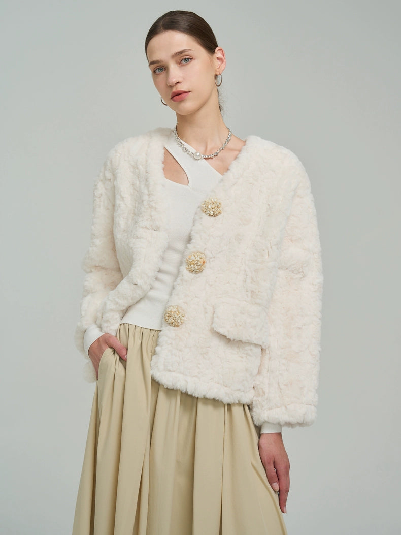 쉘 버튼 모피 코트