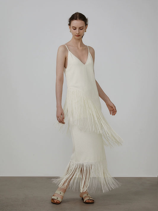 White Tassel Long Suspenders Dress