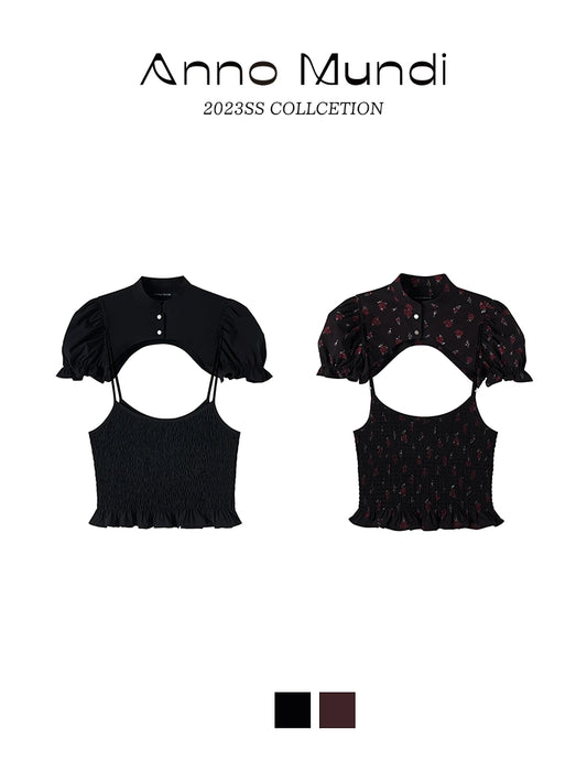 Poetic Rose Print Soft Bubble Sleeve Shirt