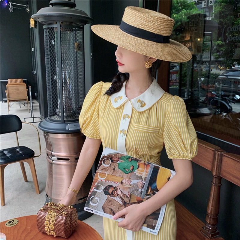 Yellow French Stripe Embroidery Shirt Dress