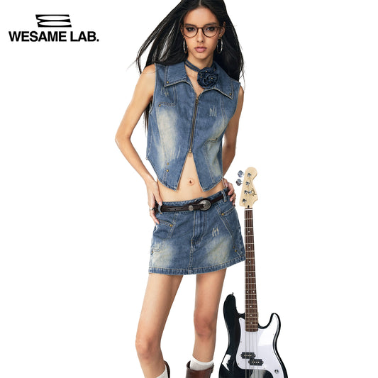 Wild Rock Curve Segmentation Vest Skirt Pants Set