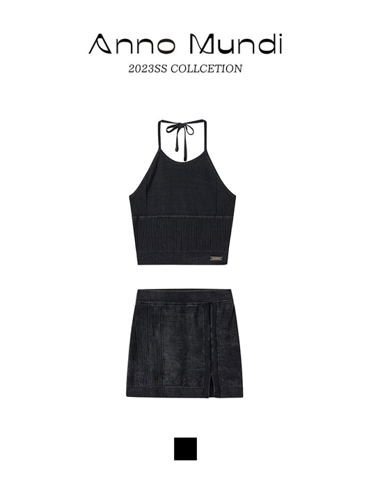 니트 스트랩 미니 스커트 세트