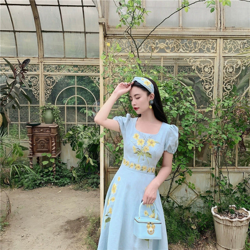 Sunflower Van GoGh Linen Embroidery Dress -One Piece Dress featuring beautiful linen materials and sunflower embroidery Serendute Sunflower Van GoGh Linen Embroidery Dress -One Piece Dress featuring beautiful linen materials and sunflower embroidery Serendute