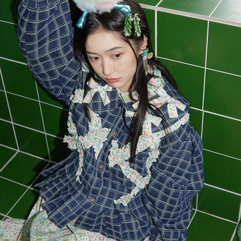 Spring Plaid Ruffle Denim Coat