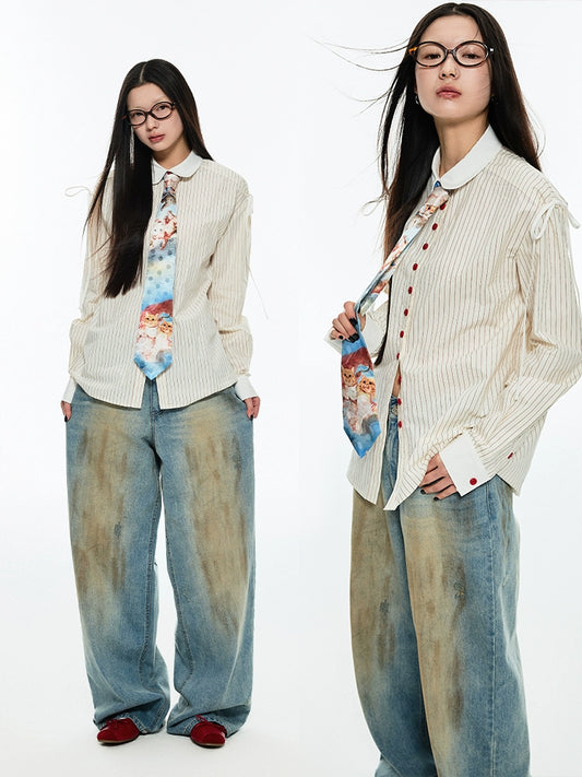 Conjunto de falda con cuello de muñeca a rayas de moda