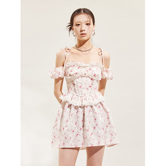 floral suspender princess sleeve dress
