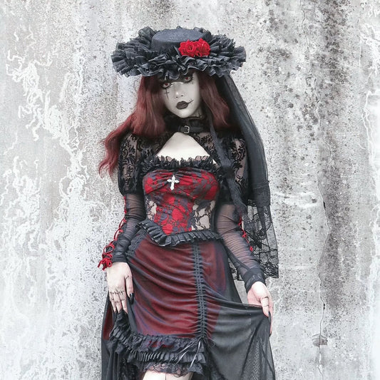 Vampire Lace Red-Black Gothic Flat Hat