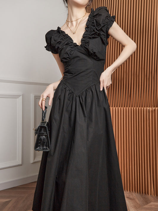 Black V-Neck French Holiday Dress