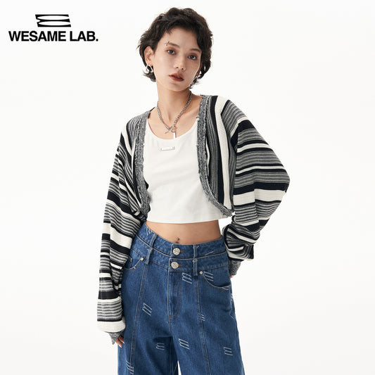 오리지널 디자인 빈티지 흑백 소수 줄무늬 니트 가디건 숄 탑 코트 스웨터 여성