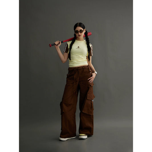 Pantalones de trabajo retro de múltiples bolsillos Pantalones de trabajo de la calle plegable para mujeres Pantalones casuales de pierna recta