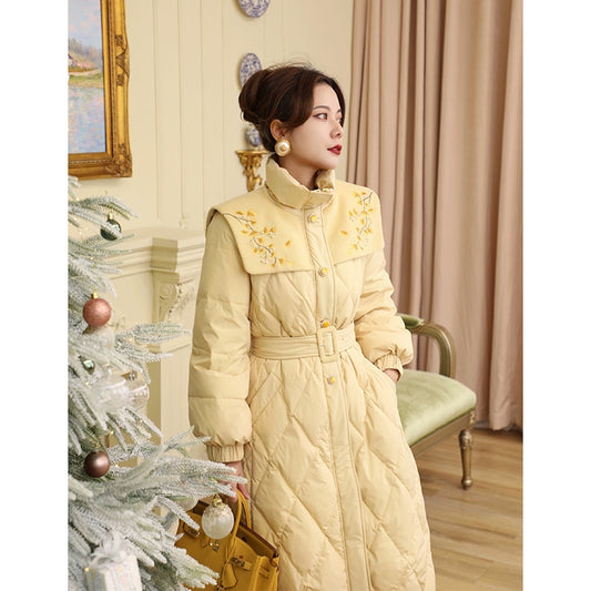 Winter Ginkgo Embroidery Waist Down Coat