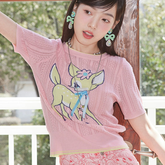 Cartoon Deer Pink Knit