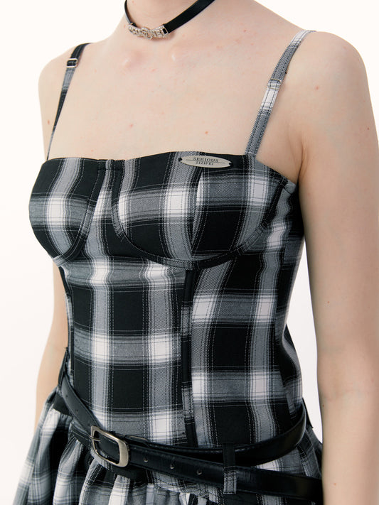 Black and White Plaid Strap Dress - Ballet Style