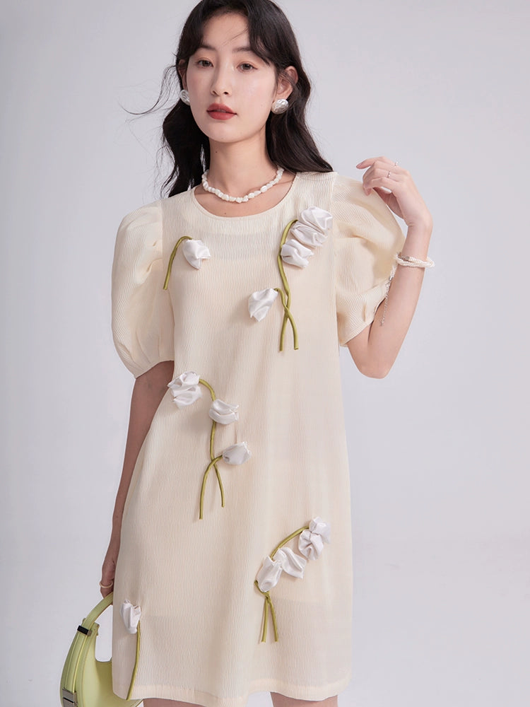 Original Design Seed Germinated Handmade Tulip Bubble Sleeves Loose Straight Dress