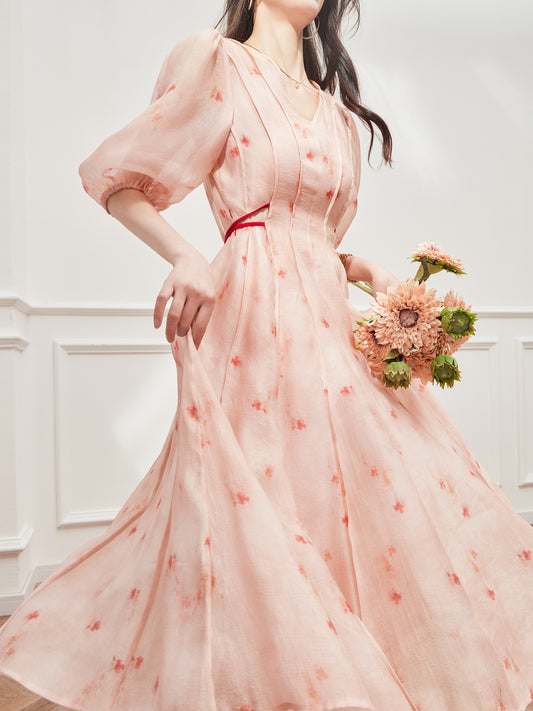 Pink French Tie-Up Long Dress