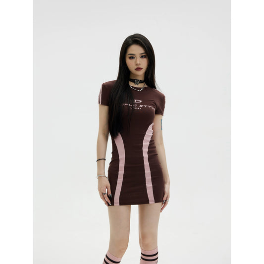 Color de mosaico Contraste de ajuste delgado de ajuste de ajuste de manga de manga corta para que las chicas picantes de verano se vean más delgadas con una falda corta debajo