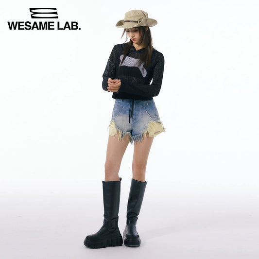 오리지널 디자인 중공 아웃 니트 썬 보호 후드 프린트 탑 2023 여름 새로