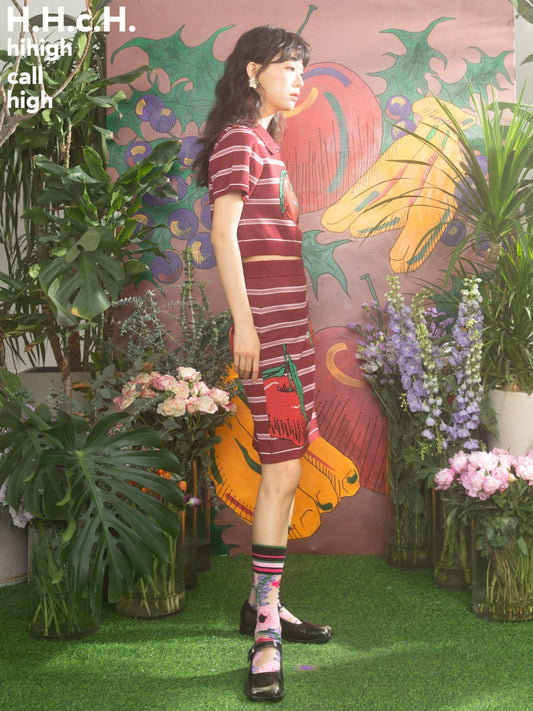 রেড অ্যাপল স্ট্রাইপ শর্ট স্লিভ টি-শার্ট এবং স্কার্ট সেট