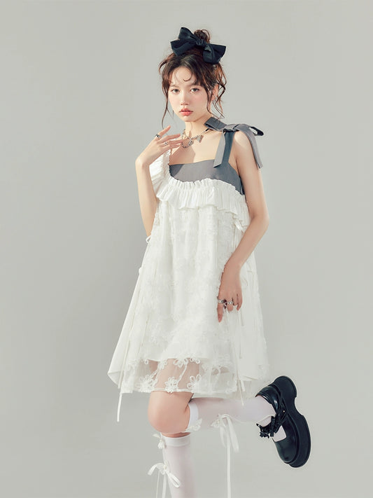 ثوب رقبة مربع من حافة الكشكشة -فستان مربع فرنسي