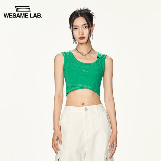 22S/S 불규칙한 가짜 2 개 짧은 스트랩 탱크 탱크 여성 속옷과 작은 디자인 아웃복 탑