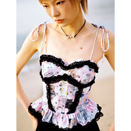 LOVE ME Cat Print Fishbone Chest Strap