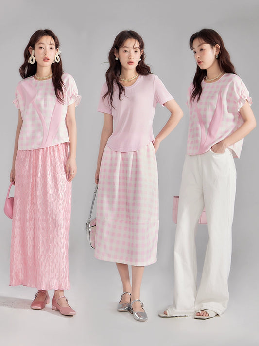 Original Design Weightless Pollen Powder Plaid Splice Tulip Small Flying Sleeve Top Half Skirt Set