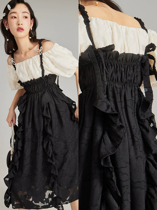 Original design by Ear UARE, sunset flower queen, jacquard, ruffled edge, bow tie, two pairs of sweet and cool strappy dresses