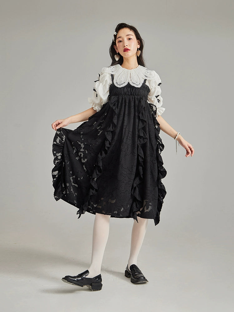 Original design by Ear UARE, sunset flower queen, jacquard, ruffled edge, bow tie, two pairs of sweet and cool strappy dresses