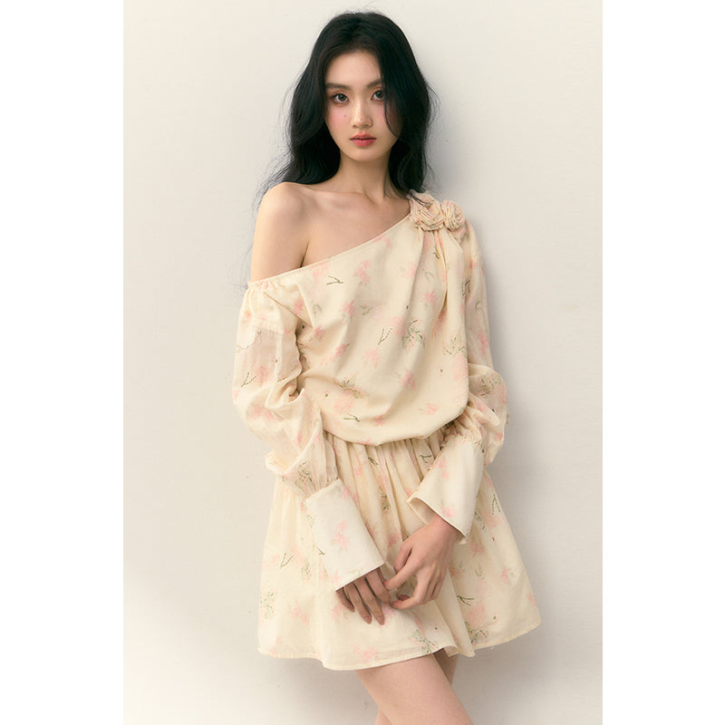 Off White Pink Shoulder Elastic Dress