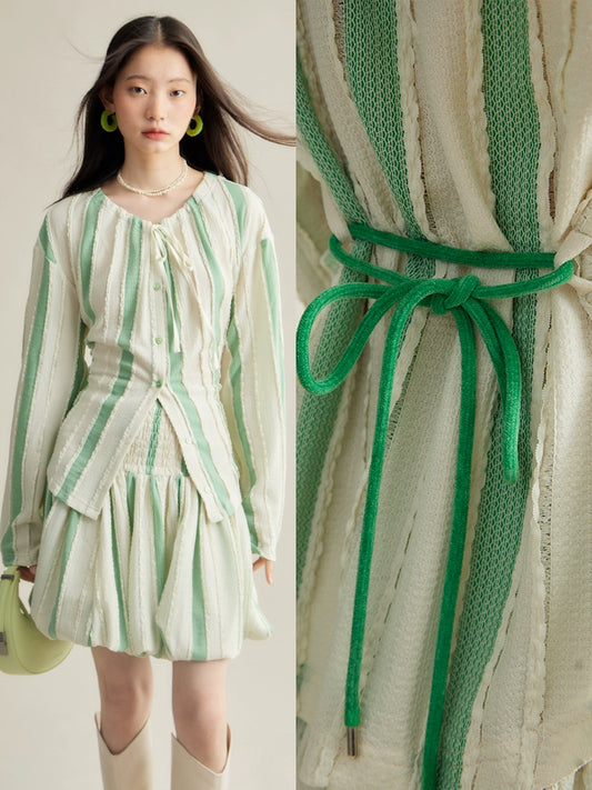 Original Design Grass and Wood Elf Cream Green Stripe Bubble Texture Knitted Cardigan Half Skirt Set