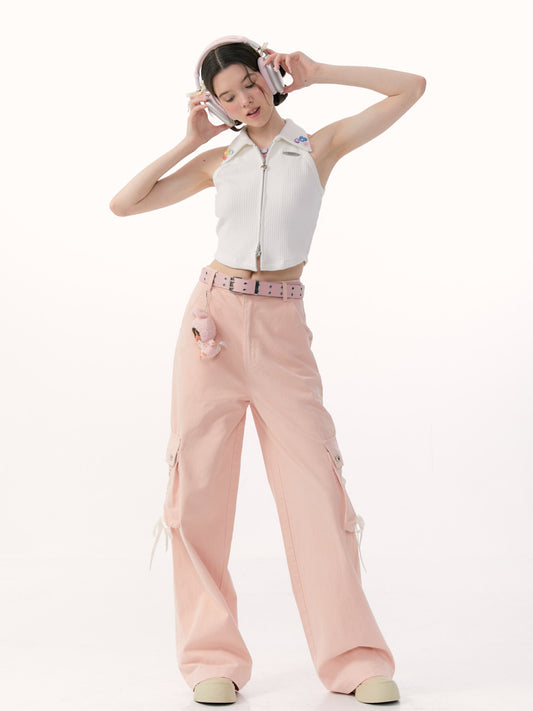 Pink High Waisted Wide Leg Workwear Pants - Women's