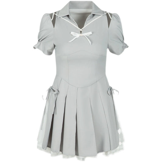 Gray V-Neck Pleated Summer Dress