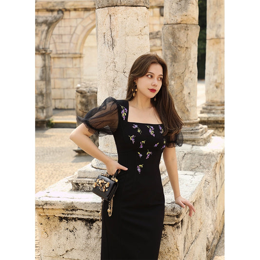 Black Elf Beaded Slim Waist Dress