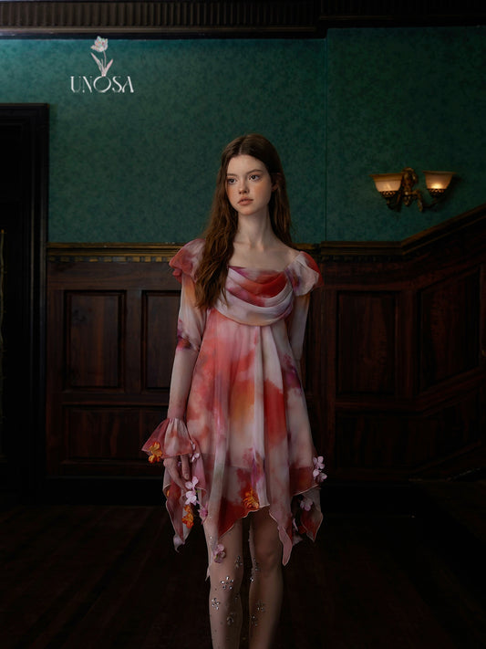 Red Halo Dyed Chiffon Dress with Lightweight Floral Design