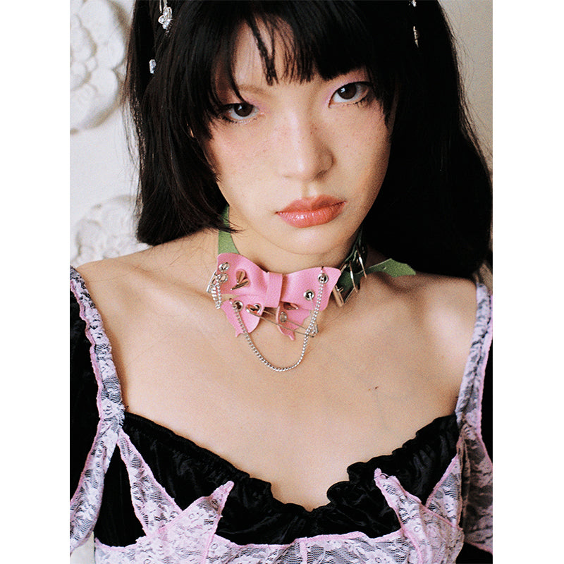 Thorn Butterfly Punk Collar Chocker Pink Green Color