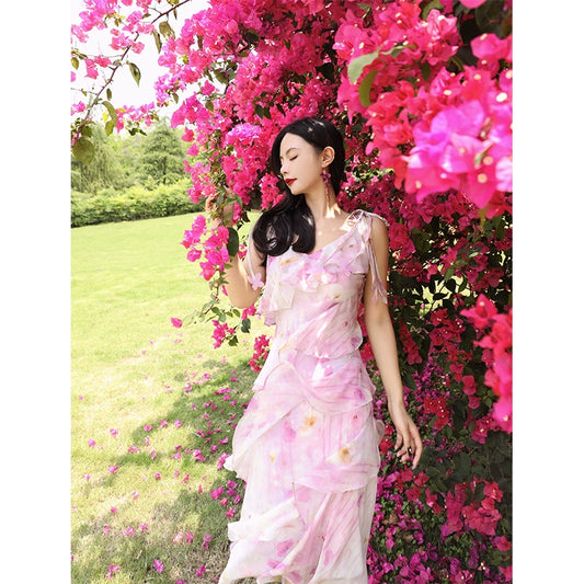 Peach Blossoms Strap V-Neck Cake Dress