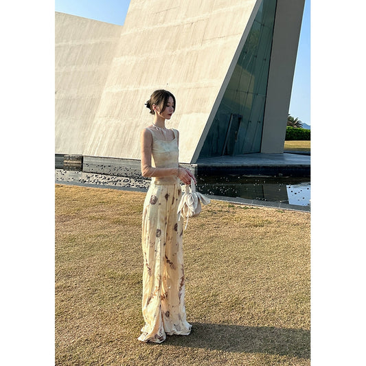 Осень Шелк Печатные штаны с широкими ногами