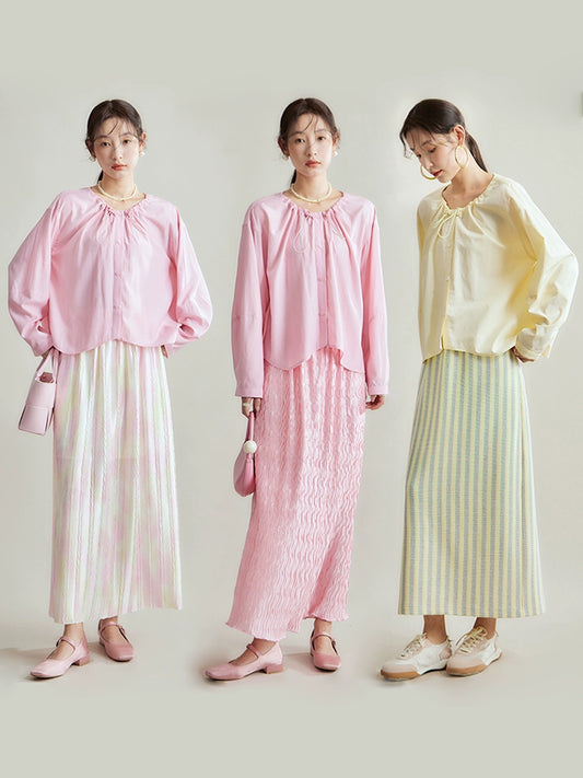 Original Design Ice Peach Bubble Drawstring Round Neck Lightweight Heavenly Silk Loose Early Autumn Long Sleeve Shirt